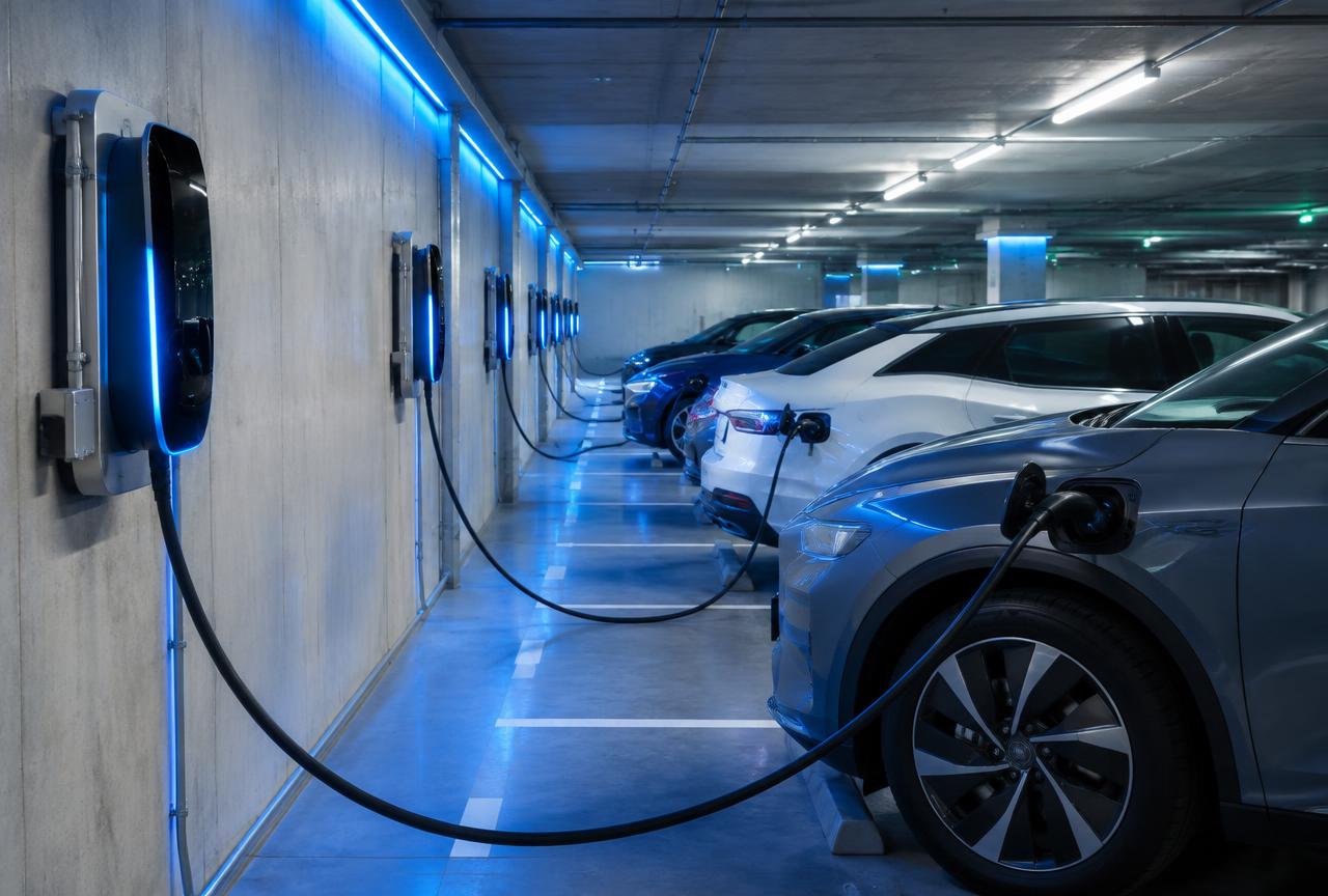 A row of EV charging stations with vehicles plugged in along a parking garage wall