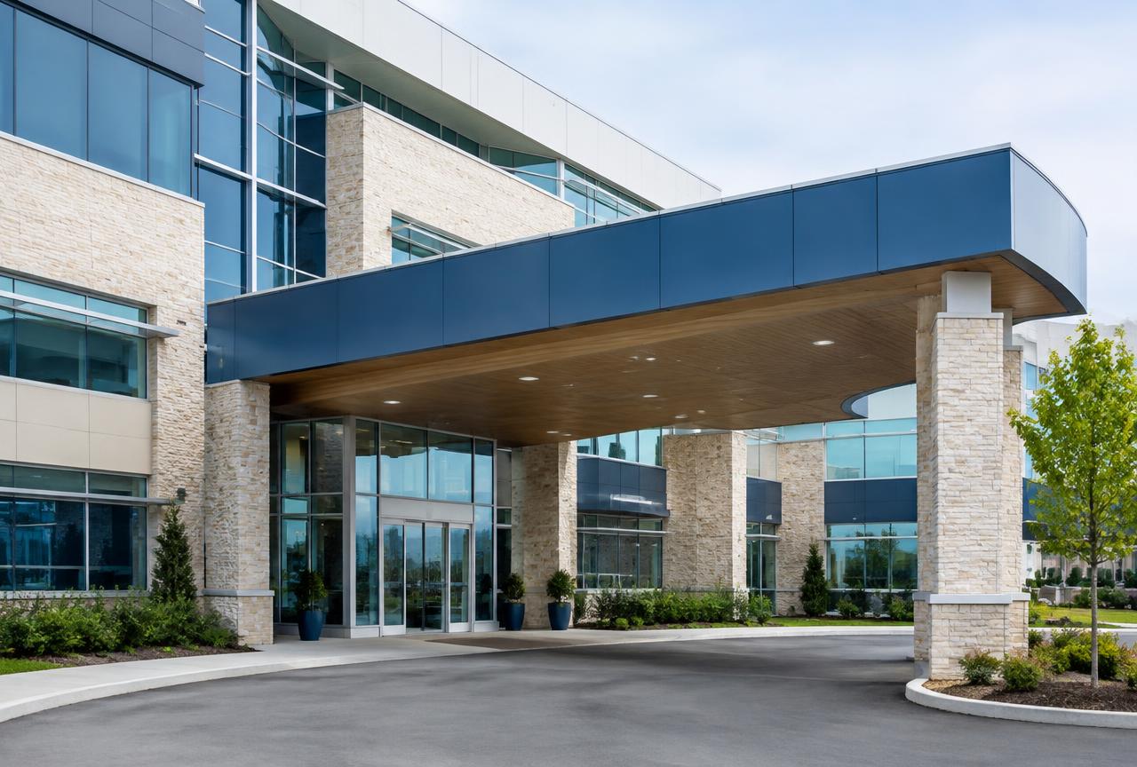Modern medical building entrance with a covered drop-off canopy
