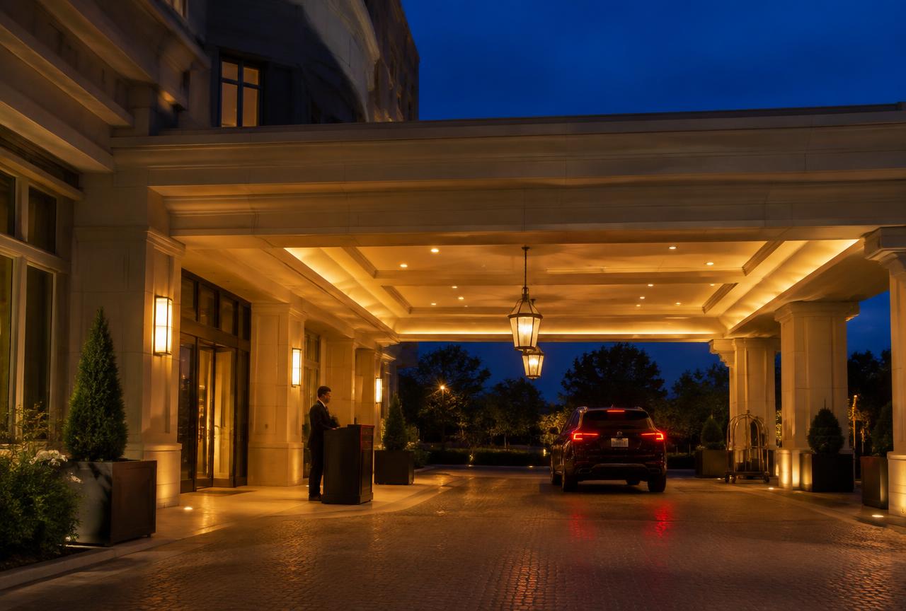 Hotel entrance with a covered valet arrival area at dusk