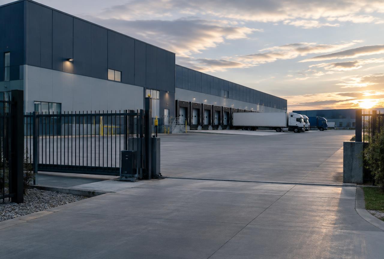 Warehouse loading docks behind a sliding yard gate