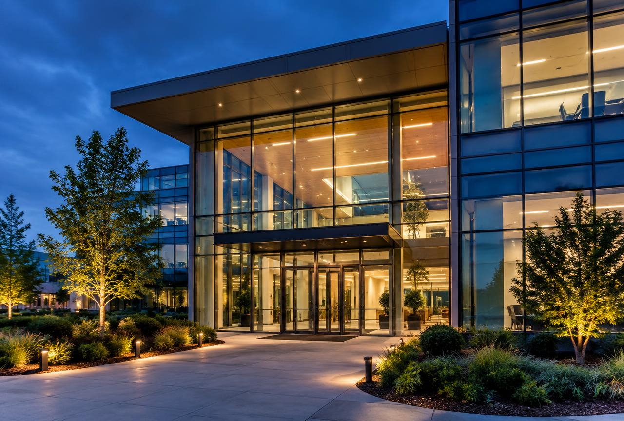 Modern glass office building entrance at dusk