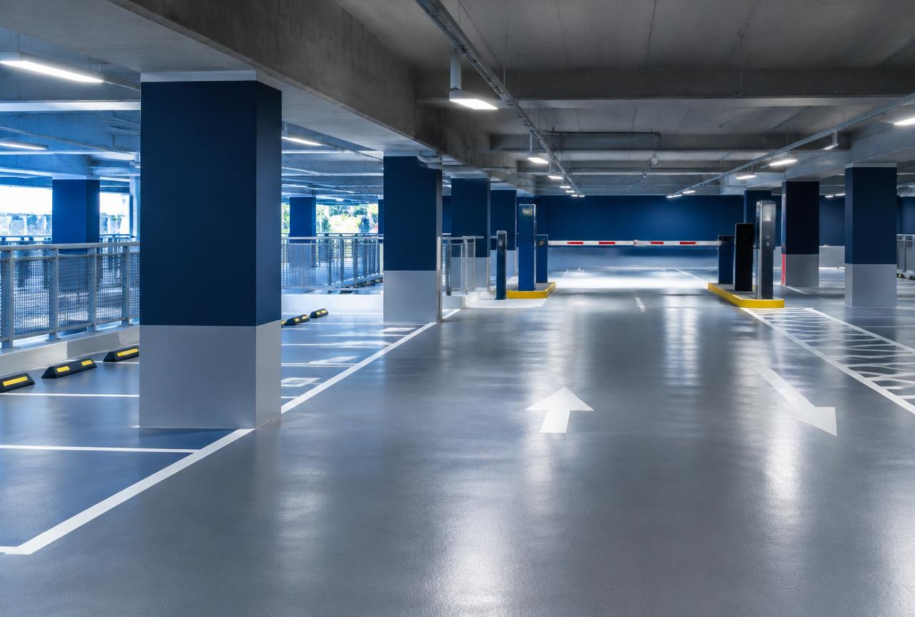 Bright multi-level parking structure interior with lane markings