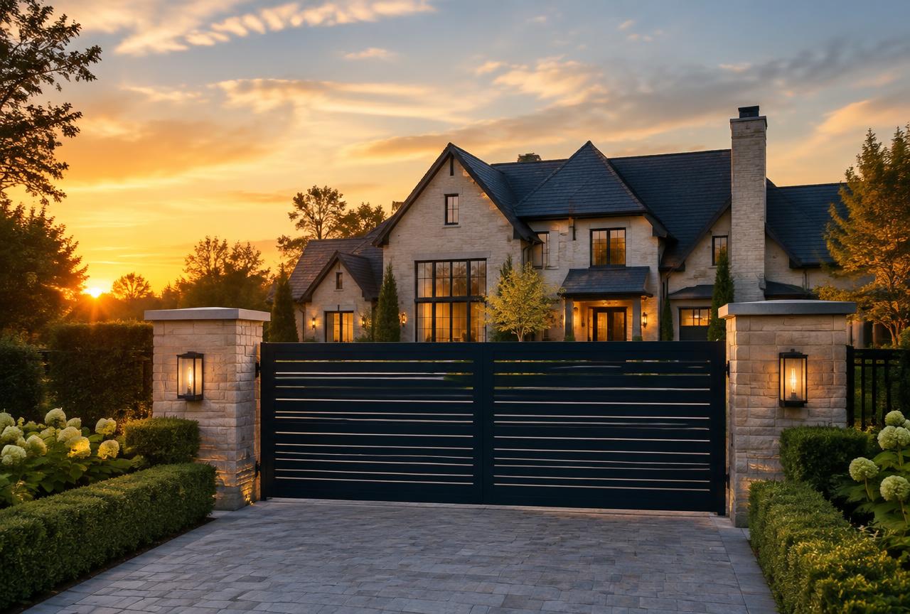 Upscale home behind a closed driveway gate at sunset
