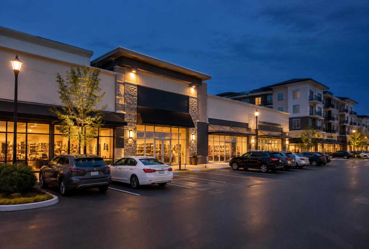 Retail and mixed-use plaza with parking in the early evening