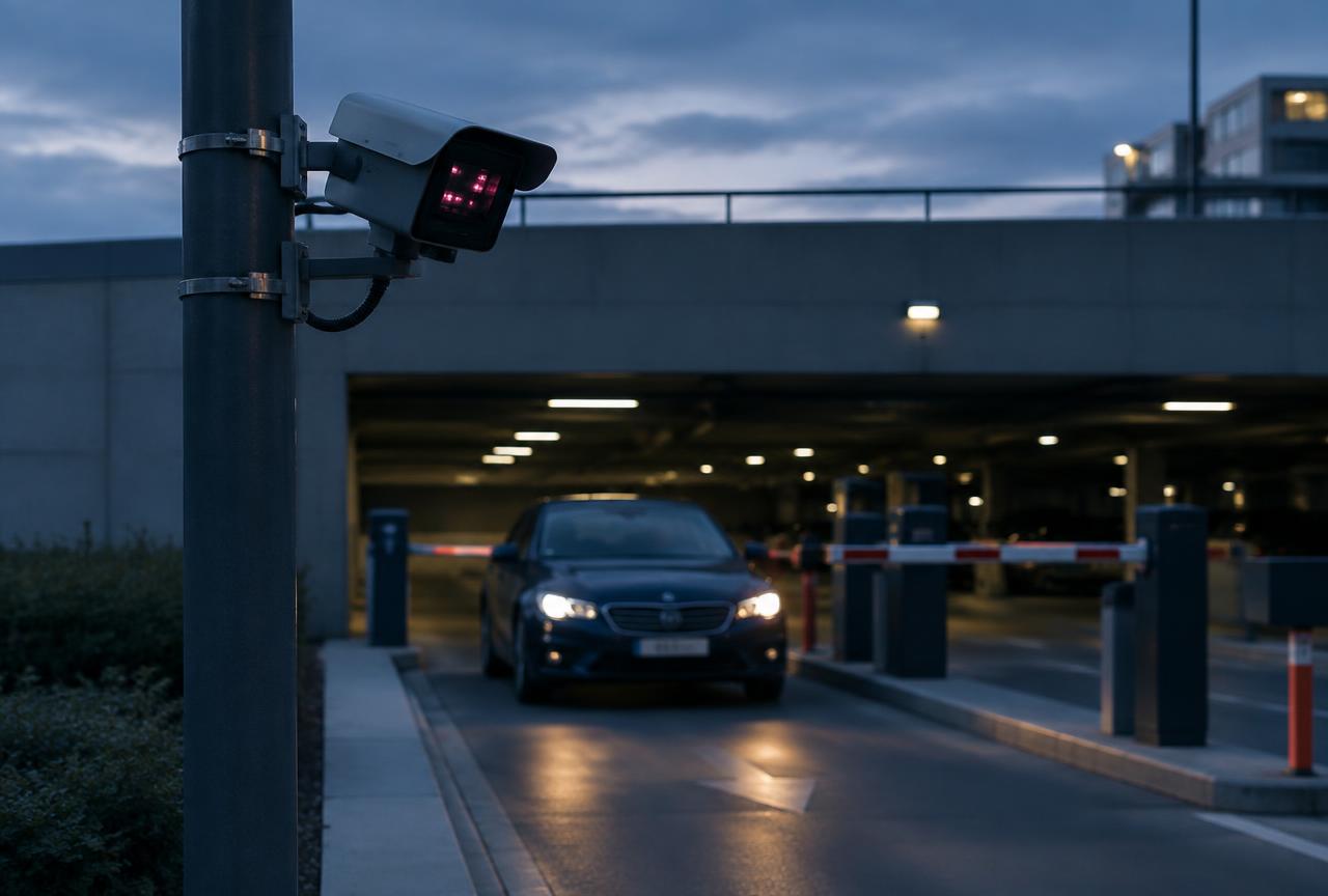 License plate recognition camera over a garage entry lane