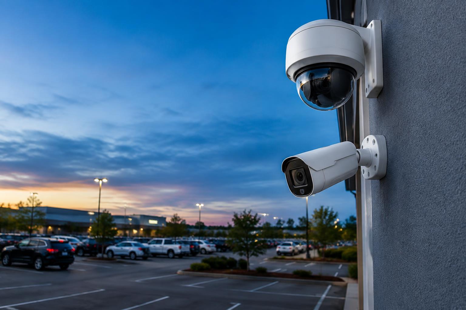Mounted surveillance cameras covering a property exterior