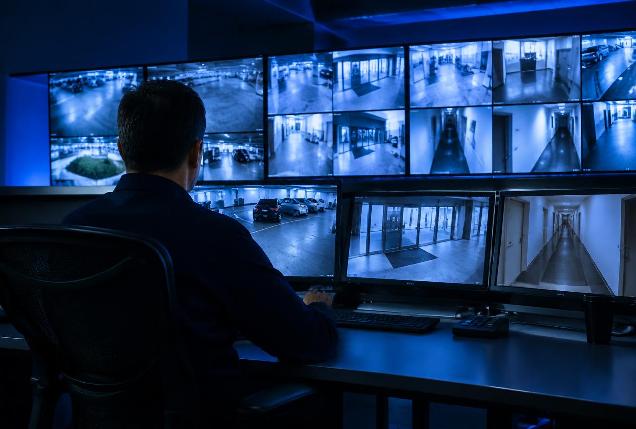Security desk with a wall of monitors showing live views of garages, entrances, and hallways