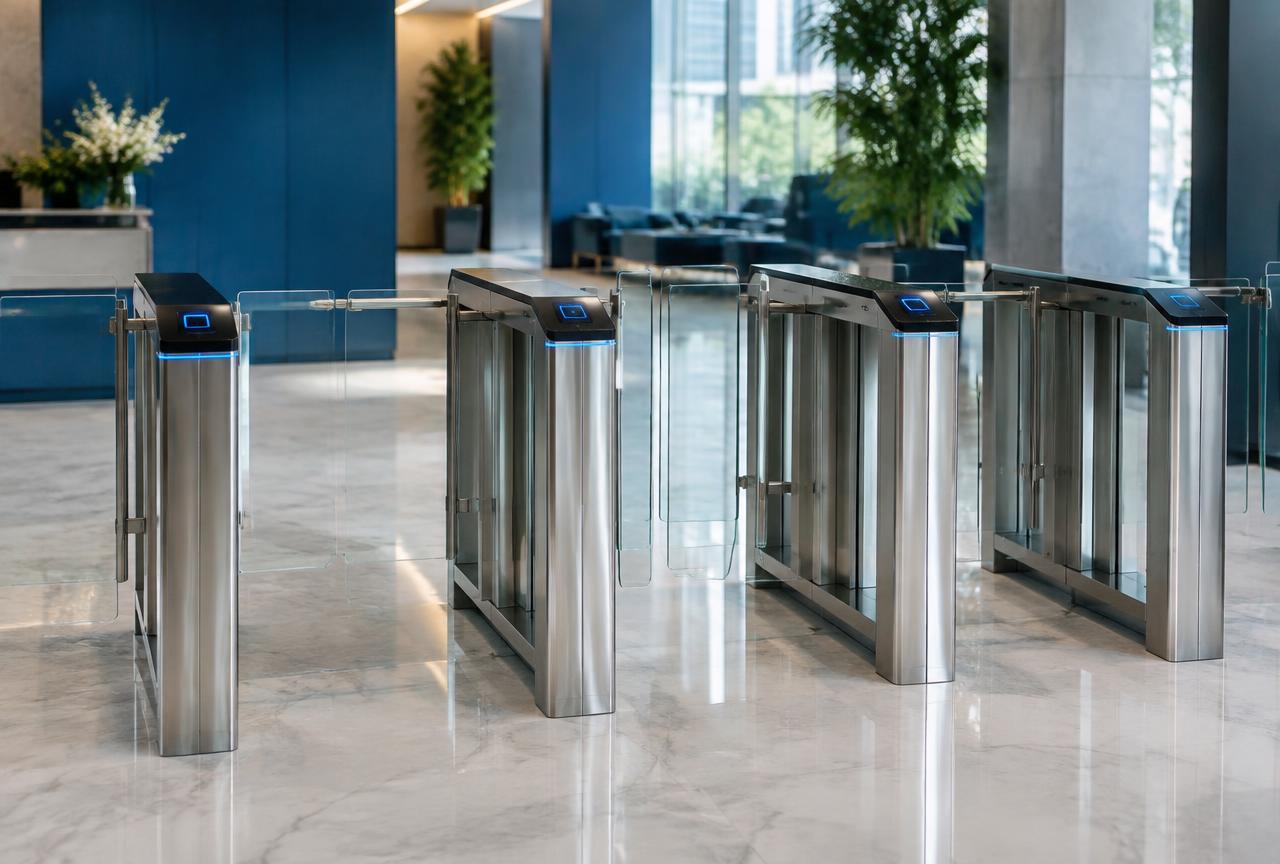 Secure pedestrian turnstiles in a commercial lobby